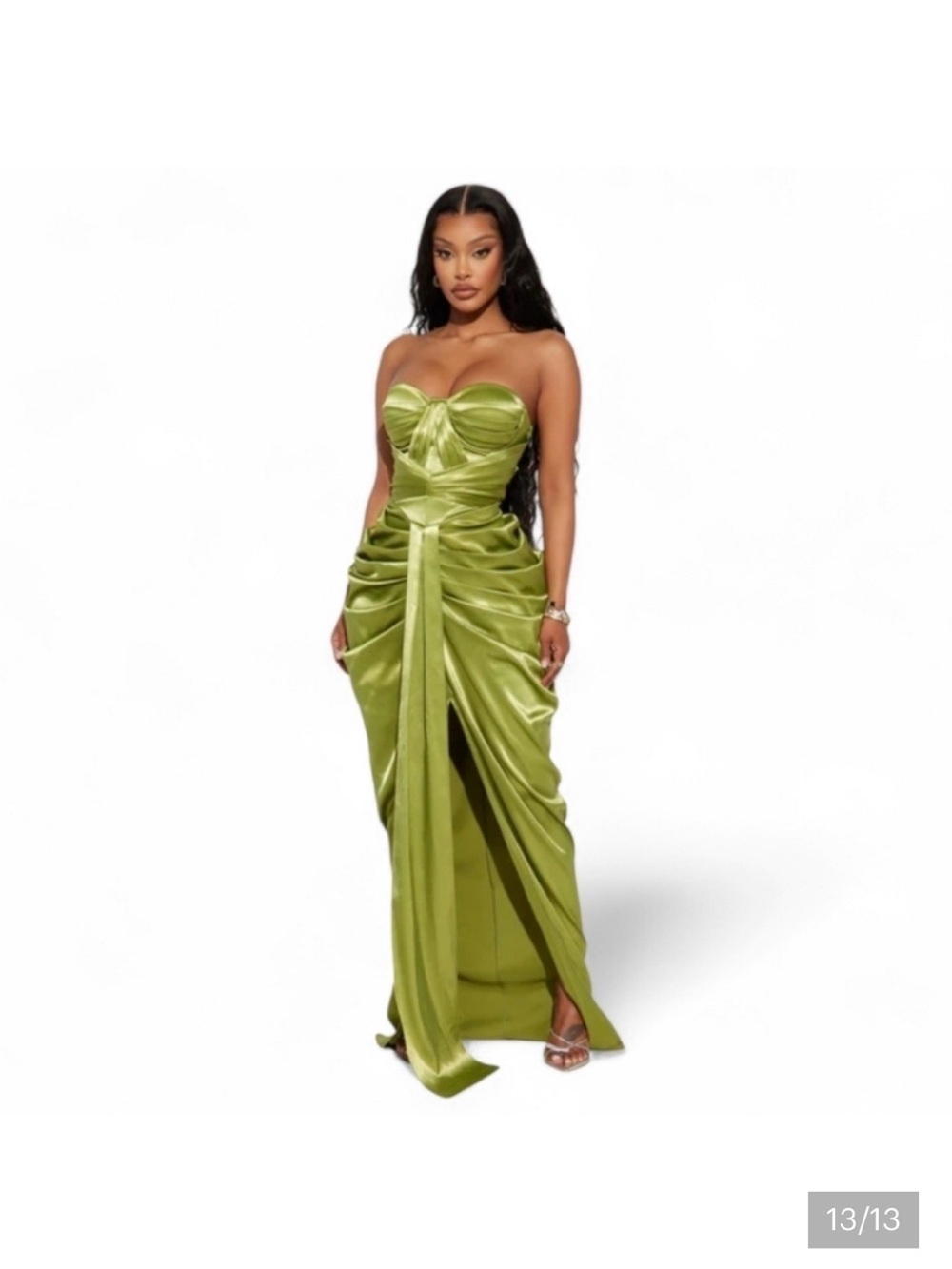 Fashion Nova Rebeka Strapless Olive Satin Ruched Gown